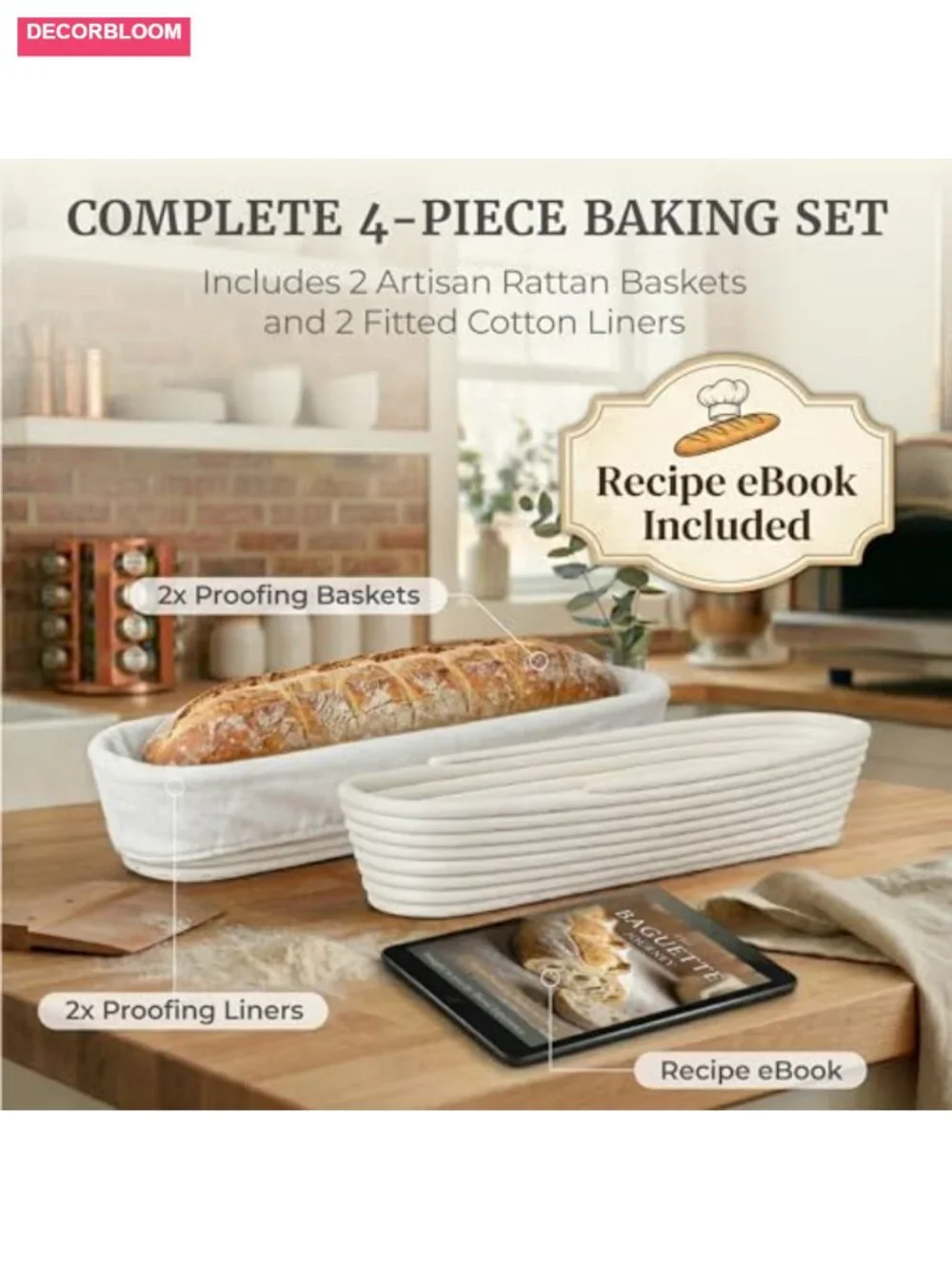 Handwoven Rattan Banneton Bread Proofing Basket Set of 2, Baguette Shaping